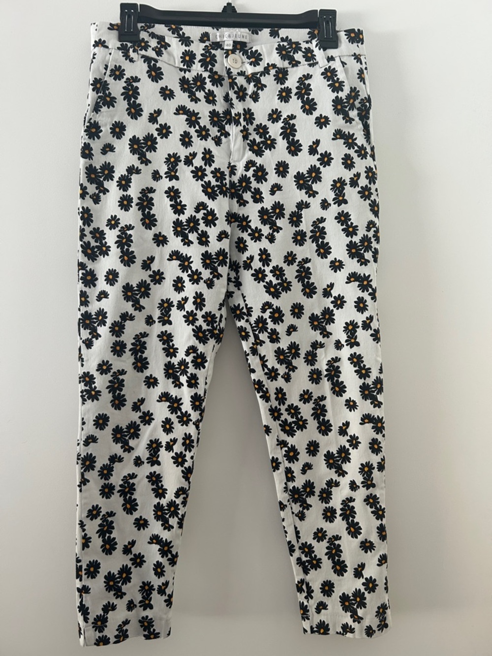 Women  White Floral Slim Casual Pants with Black Daisy Print